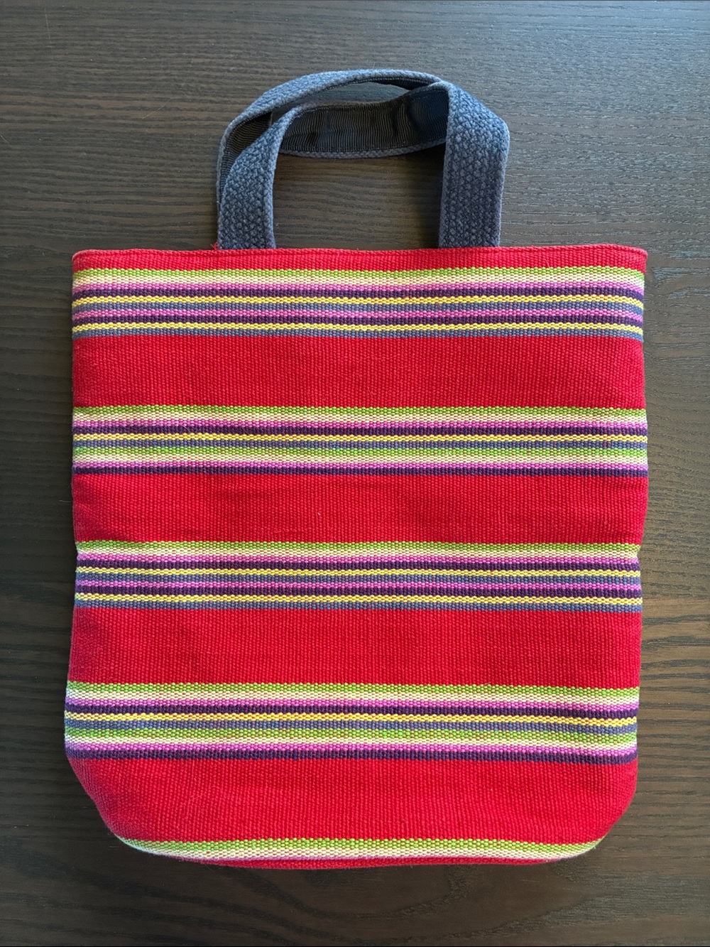 Red Striped Canvas Tote with Gray Handles